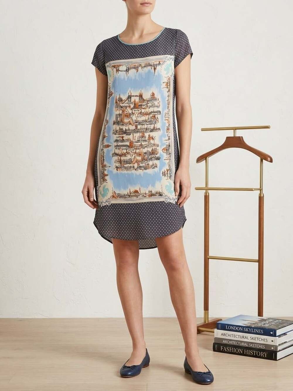 Anthropologie Maeve Around Town Silk Tee Dress Polka Dot London Skyline